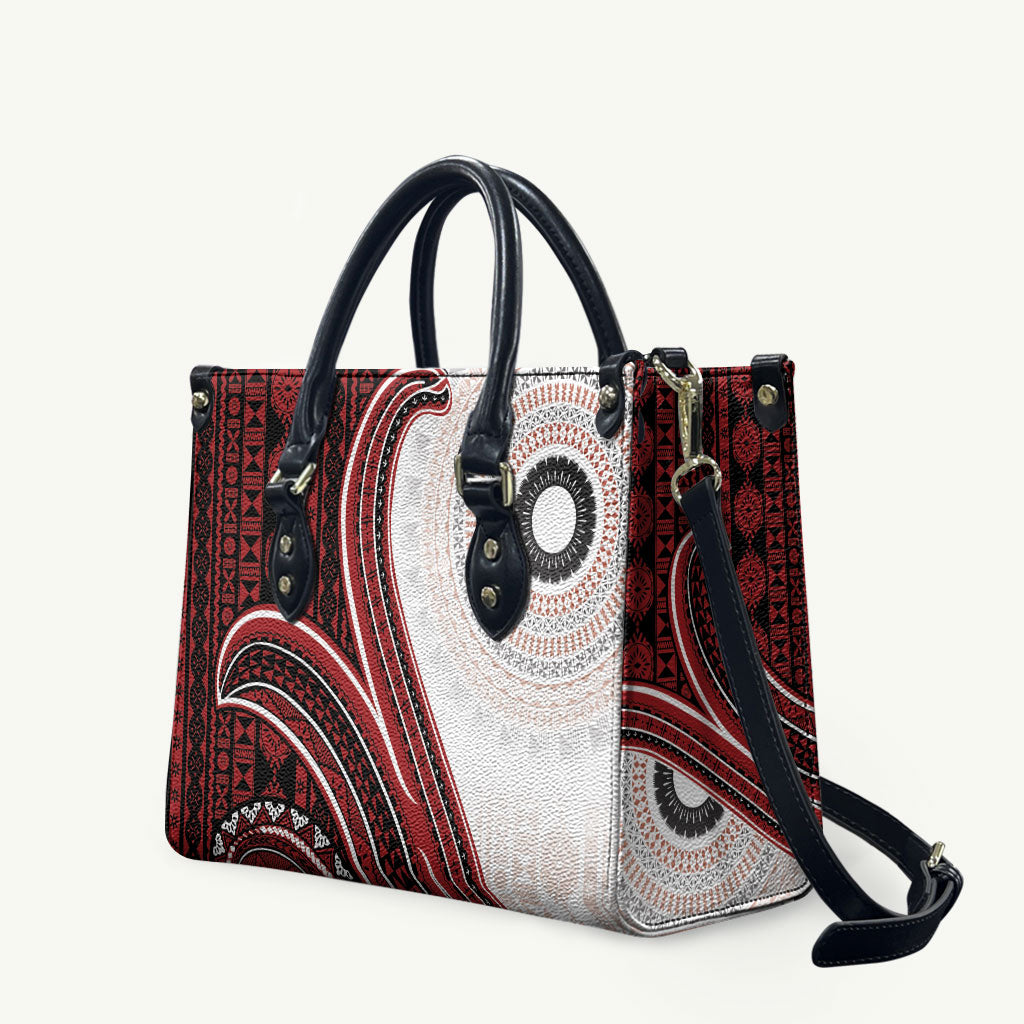 Bula Fiji Vintage Tapa Leather Bag Kaivity Masi Wave Motifs - Red LT7 Red - Polynesian Pride