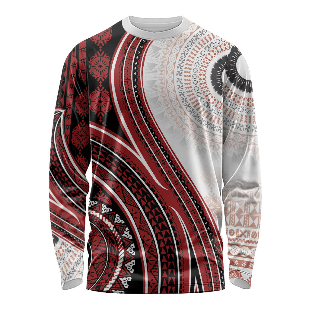 Bula Fiji Vintage Tapa Long Sleeve Shirt Kaivity Masi Wave Motifs - Red LT7 Unisex Red - Polynesian Pride