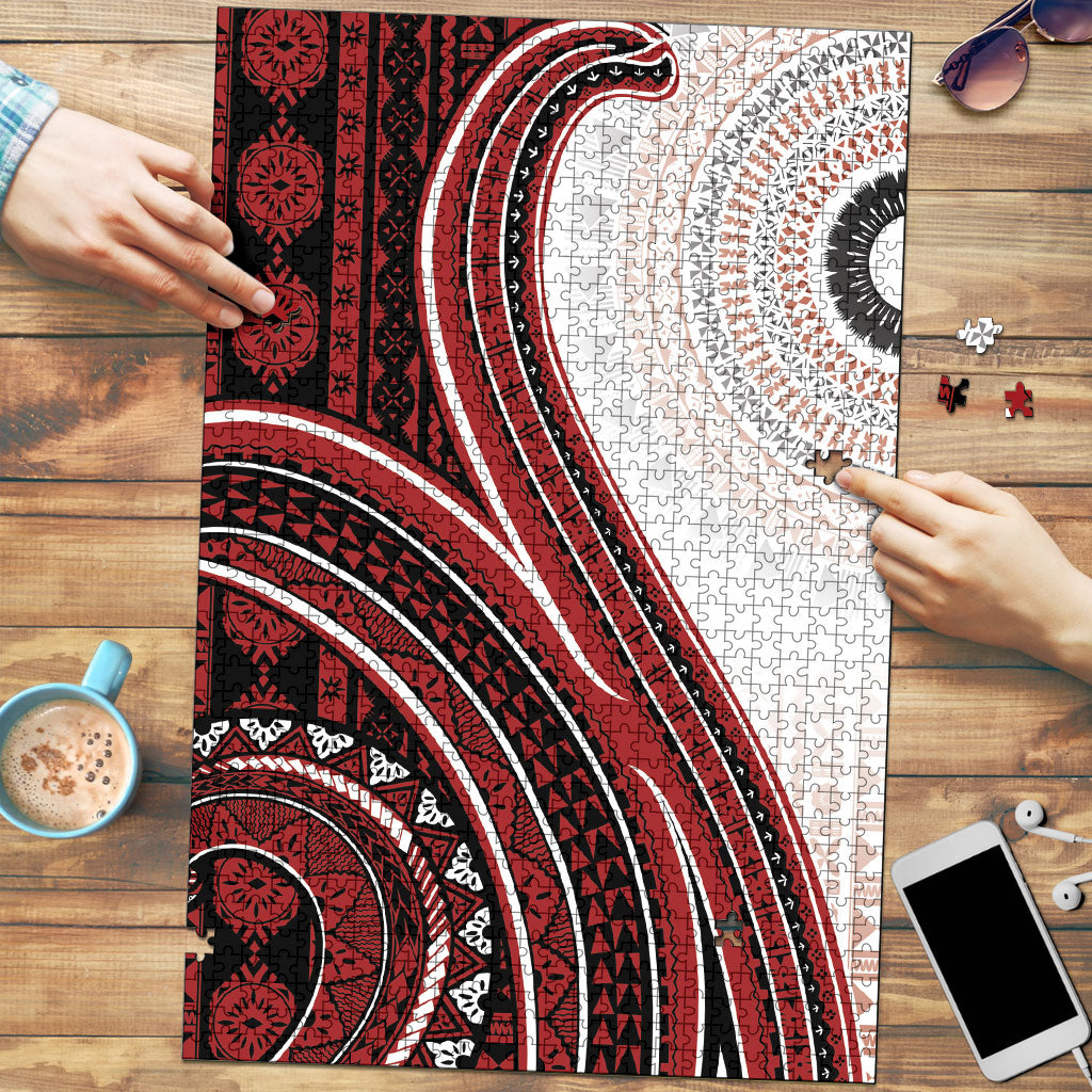 Bula Fiji Vintage Tapa Puzzle Kaivity Masi Wave Motifs - Red LT7 Red - Polynesian Pride