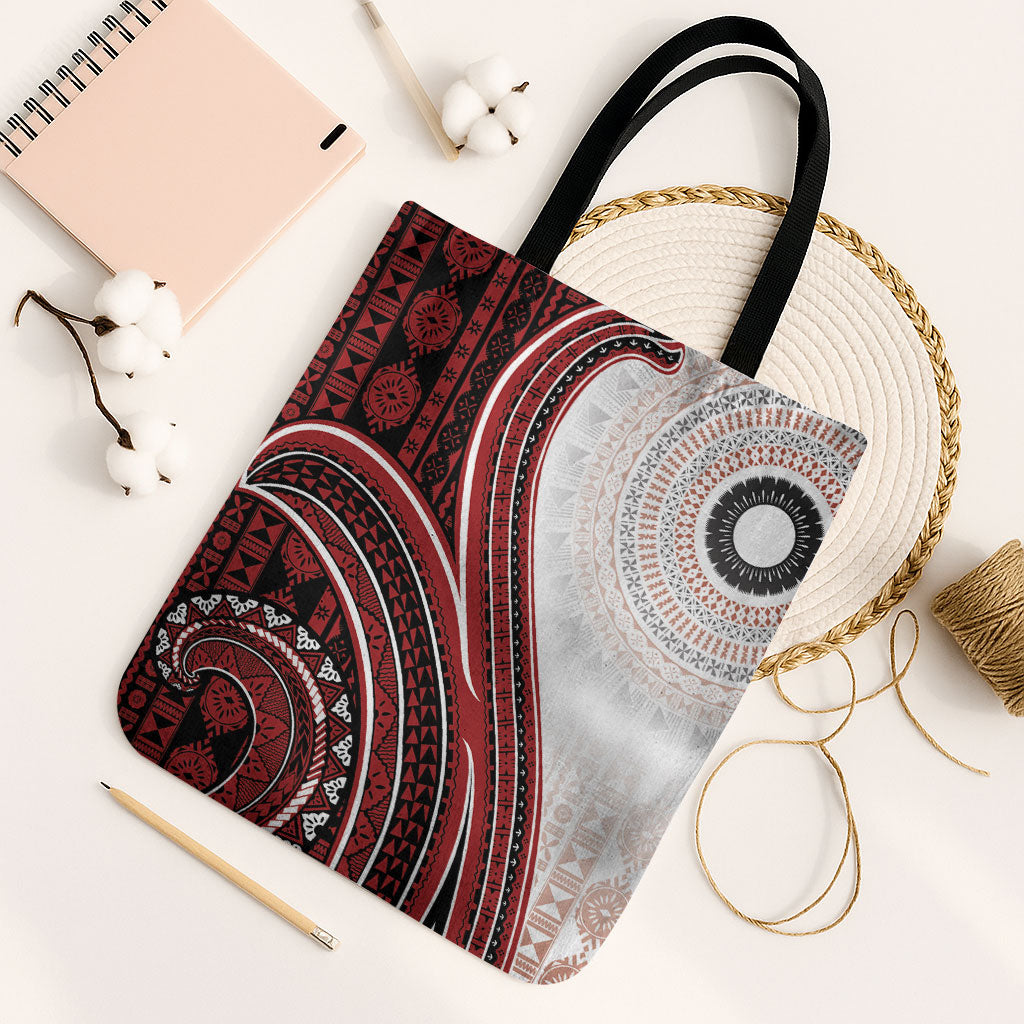 Bula Fiji Vintage Tapa Tote Bag Kaivity Masi Wave Motifs - Red LT7 Black Strap One Size Red - Polynesian Pride