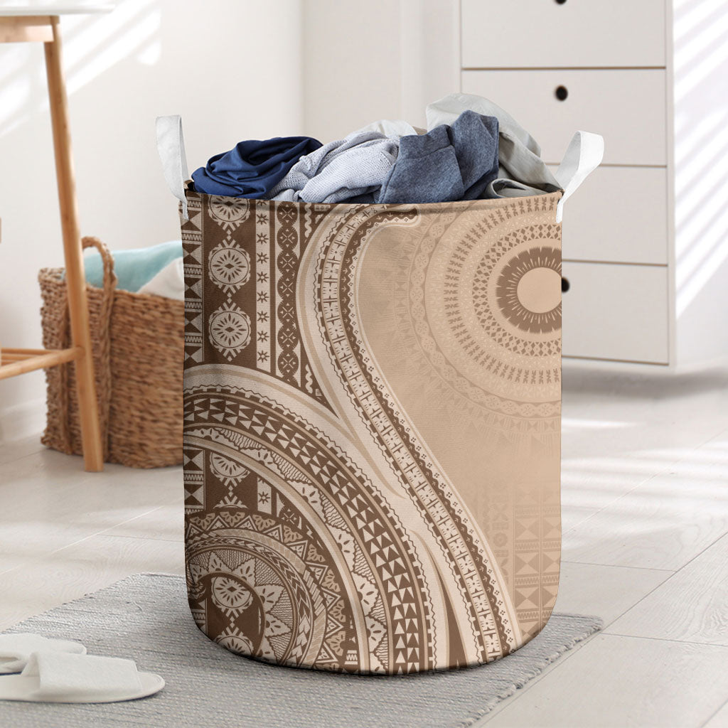 Bula Fiji Vintage Tapa Laundry Basket Kaivity Masi Wave Motifs - Mocha LT7 Beige - Polynesian Pride