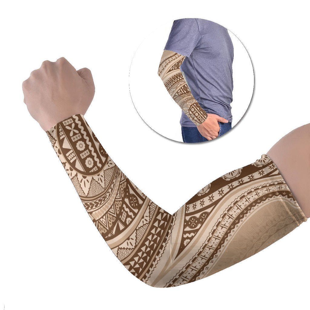 Bula Fiji Vintage Tapa Arm Sleeves Kaivity Masi Wave Motifs - Mocha LT7 Set of 2 Beige - Polynesian Pride