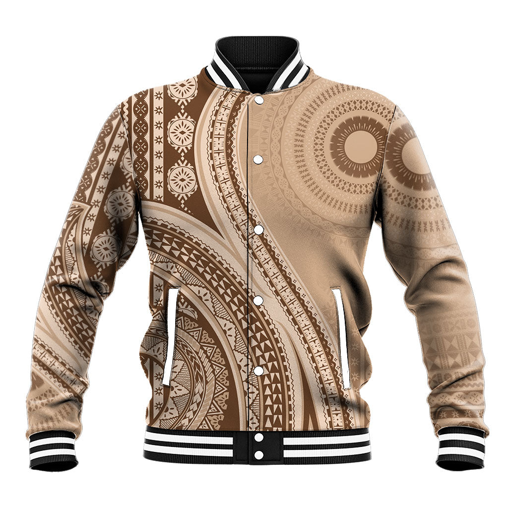 Bula Fiji Vintage Tapa Baseball Jacket Kaivity Masi Wave Motifs - Mocha LT7 Unisex Beige - Polynesian Pride