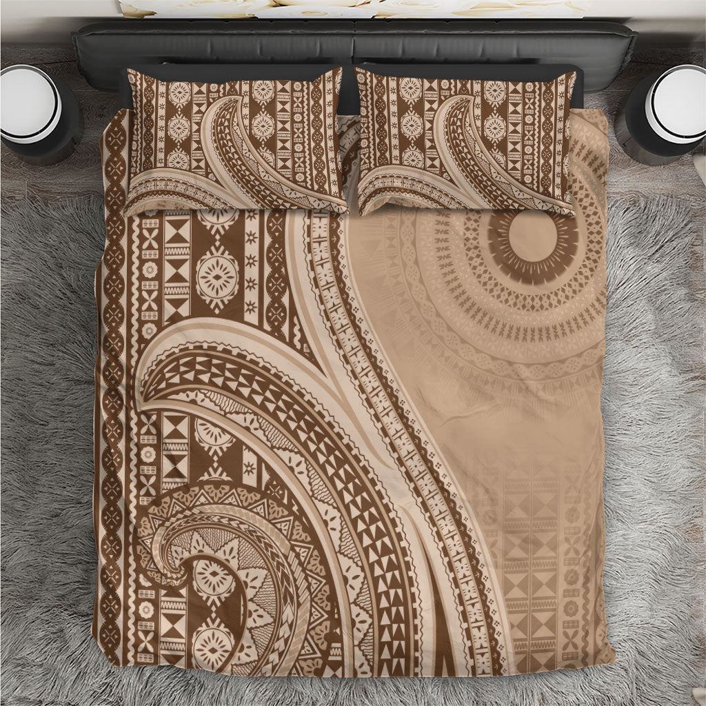 Bula Fiji Vintage Tapa Bedding Set Kaivity Masi Wave Motifs - Mocha LT7 Beige - Polynesian Pride