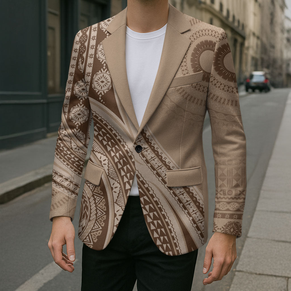 Bula Fiji Vintage Tapa Blazer Kaivity Masi Wave Motifs - Mocha LT7 - Polynesian Pride