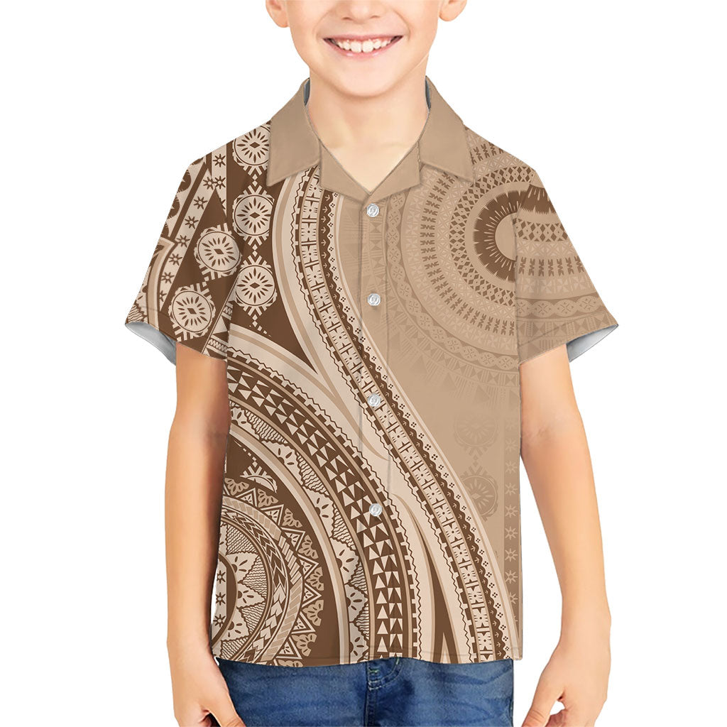 Bula Fiji Vintage Tapa Kid Hawaiian Shirt Kaivity Masi Wave Motifs - Mocha LT7 Kid Beige - Polynesian Pride