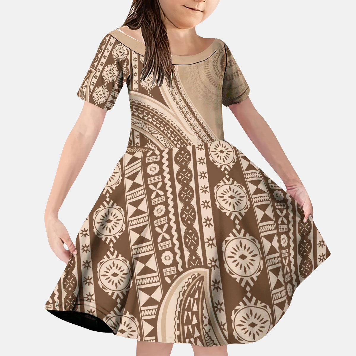 Bula Fiji Vintage Tapa Kid Short Sleeve Dress Kaivity Masi Wave Motifs - Mocha LT7 KID Beige - Polynesian Pride