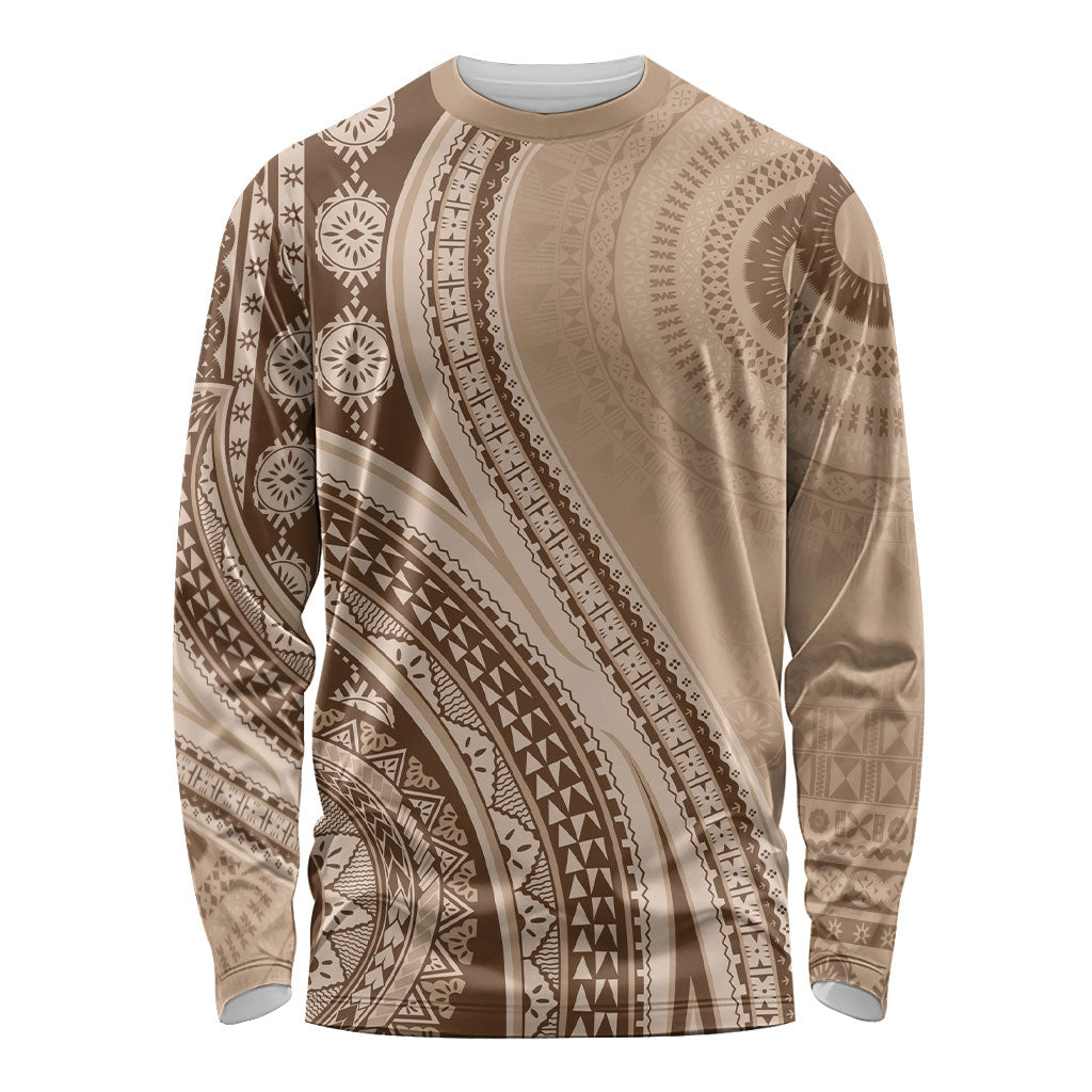 Bula Fiji Vintage Tapa Long Sleeve Shirt Kaivity Masi Wave Motifs - Mocha LT7 Unisex Beige - Polynesian Pride