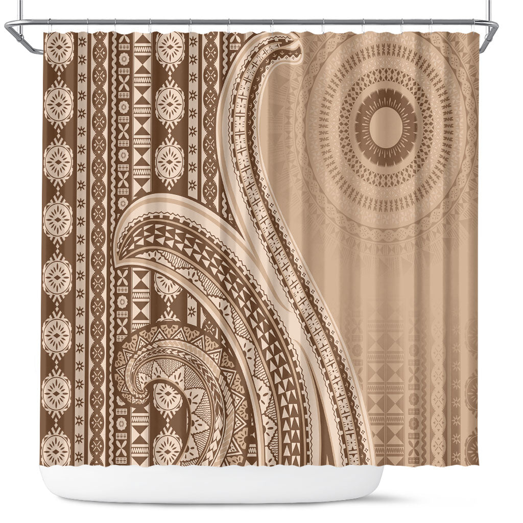 Bula Fiji Vintage Tapa Shower Curtain Kaivity Masi Wave Motifs - Mocha LT7 Beige - Polynesian Pride