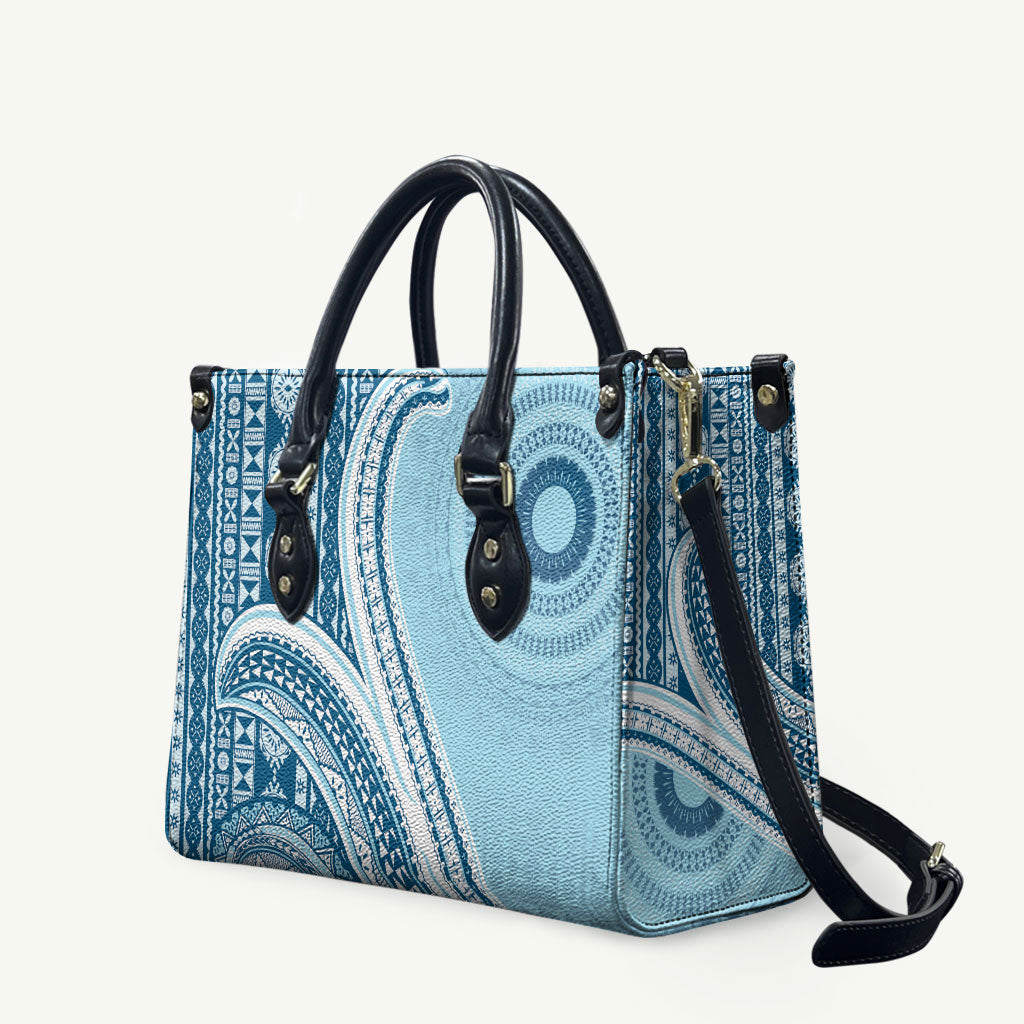 Bula Fiji Vintage Tapa Leather Bag Kaivity Masi Wave Motifs - Turquoise LT7 Turquoise - Polynesian Pride