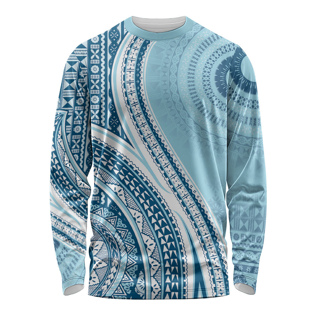 Bula Fiji Vintage Tapa Long Sleeve Shirt Kaivity Masi Wave Motifs - Turquoise LT7 Unisex Turquoise - Polynesian Pride