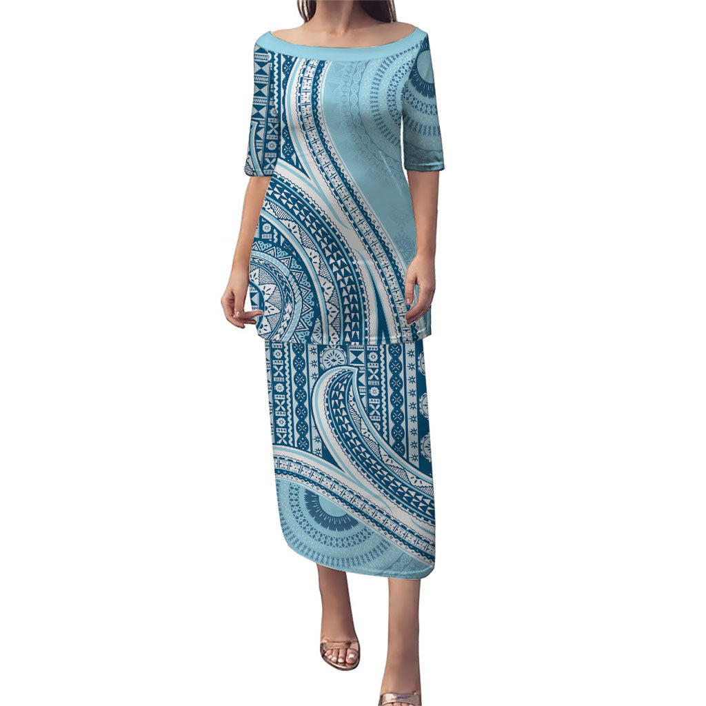 Bula Fiji Vintage Tapa Puletasi Kaivity Masi Wave Motifs - Turquoise LT7 Long Dress Turquoise - Polynesian Pride