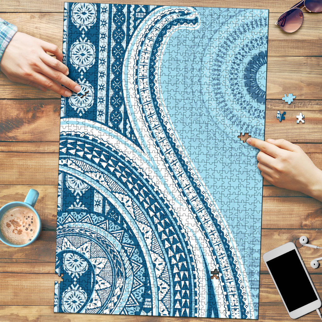 Bula Fiji Vintage Tapa Puzzle Kaivity Masi Wave Motifs - Turquoise LT7 Turquoise - Polynesian Pride