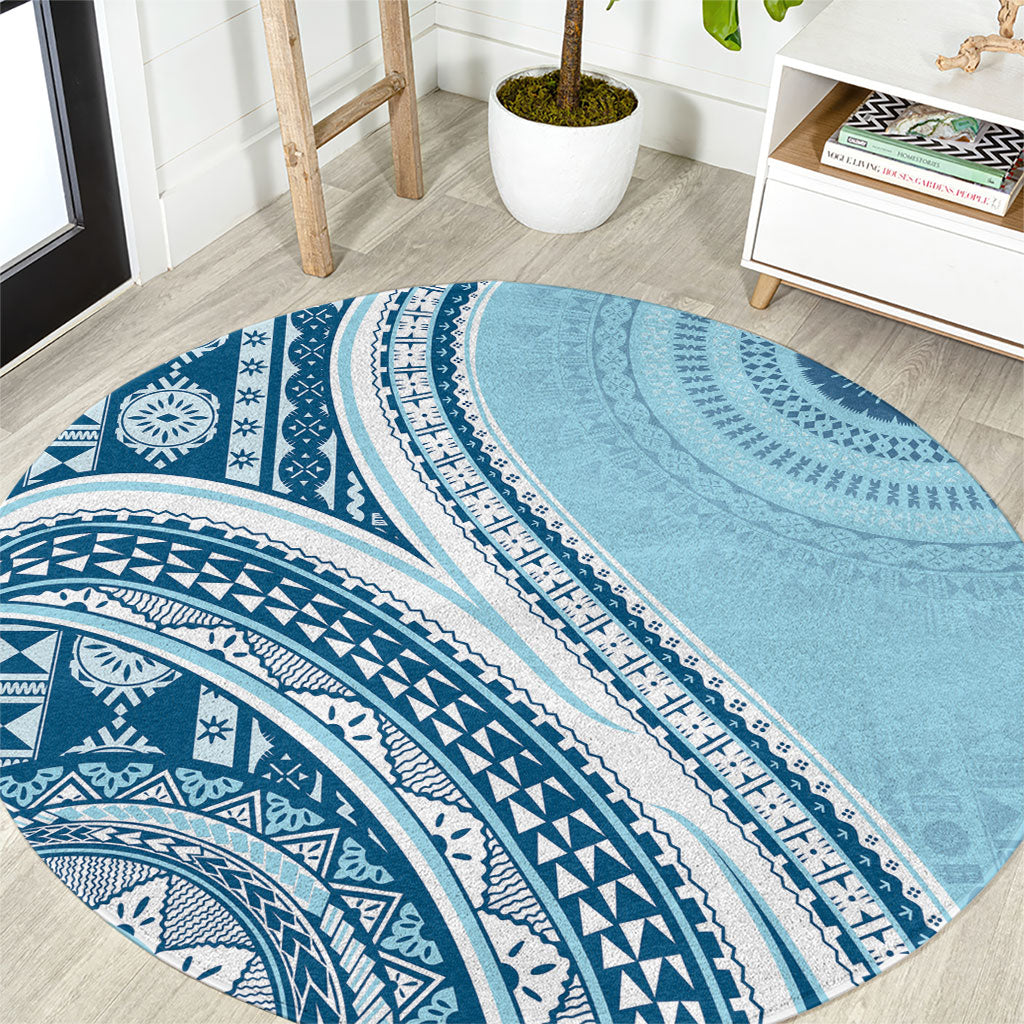 Bula Fiji Vintage Tapa Round Carpet Kaivity Masi Wave Motifs - Turquoise LT7 Turquoise - Polynesian Pride