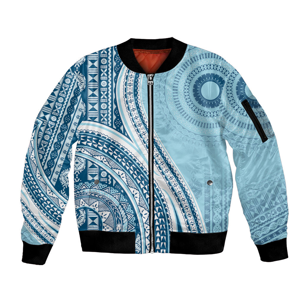 Bula Fiji Vintage Tapa Sleeve Zip Bomber Jacket Kaivity Masi Wave Motifs - Turquoise LT7 Unisex Turquoise - Polynesian Pride