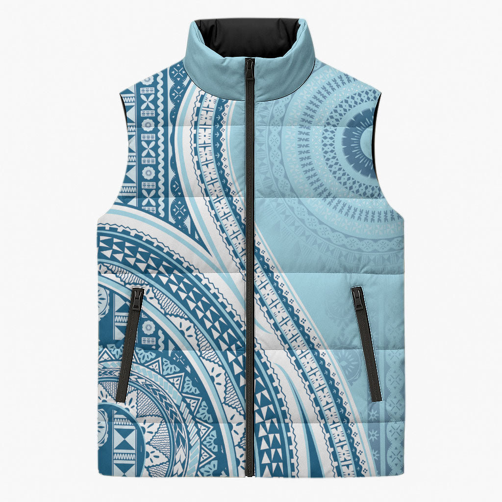 Bula Fiji Vintage Tapa Sleeveless Puffer Jacket Kaivity Masi Wave Motifs - Turquoise LT7 Unisex Turquoise - Polynesian Pride