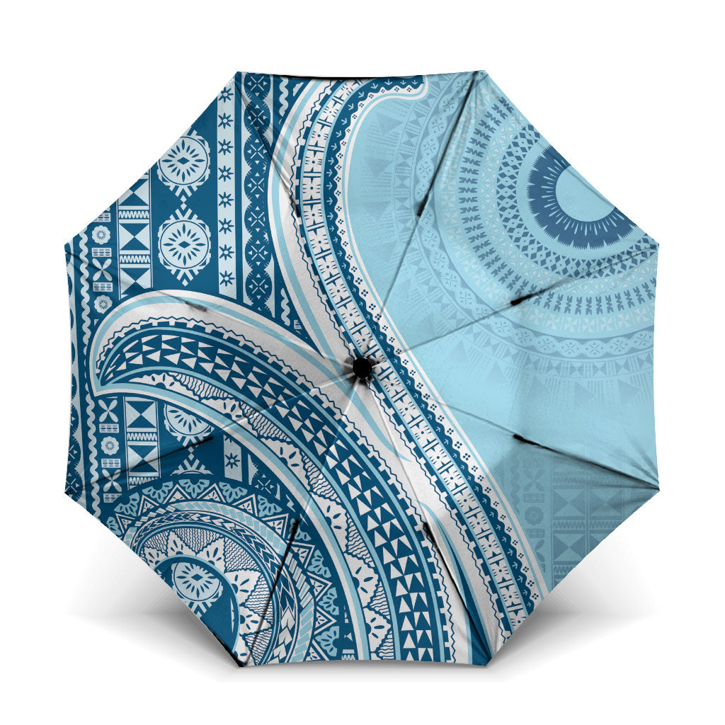 Bula Fiji Vintage Tapa Umbrella Kaivity Masi Wave Motifs - Turquoise LT7 One Size Folded 11.42 inch Opened Diameter 37.4 inch Turquoise - Polynesian Pride