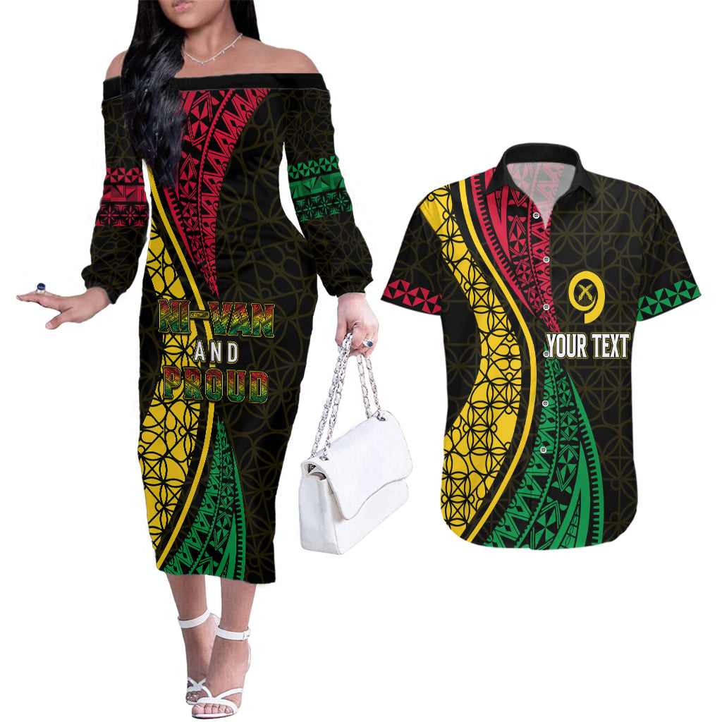 Personalised Vanuatu Couples Matching Off The Shoulder Long Sleeve Dress and Hawaiian Shirt Melanesian Sand Drawing Mixed - Ni Van and Proud LT7 Black - Polynesian Pride