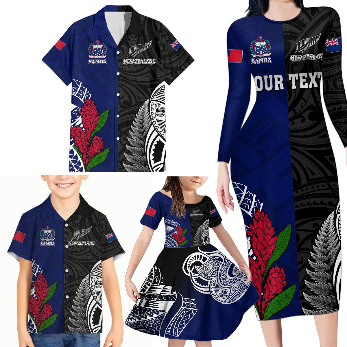 Personalised New Zealand Vs Samoa Rugby Family Matching Long Sleeve Bodycon Dress and Hawaiian Shirt Go Champions LT7 - Polynesian Pride