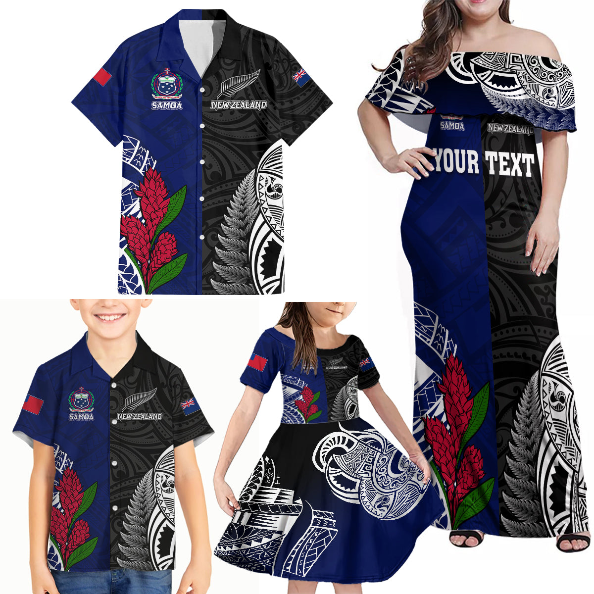 Personalised New Zealand Vs Samoa Rugby Family Matching Off Shoulder Maxi Dress and Hawaiian Shirt Go Champions LT7 - Polynesian Pride