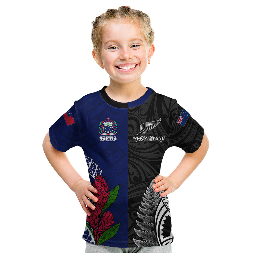 Personalised New Zealand Vs Samoa Rugby Kid T Shirt Go Champions LT7 Black Blue - Polynesian Pride