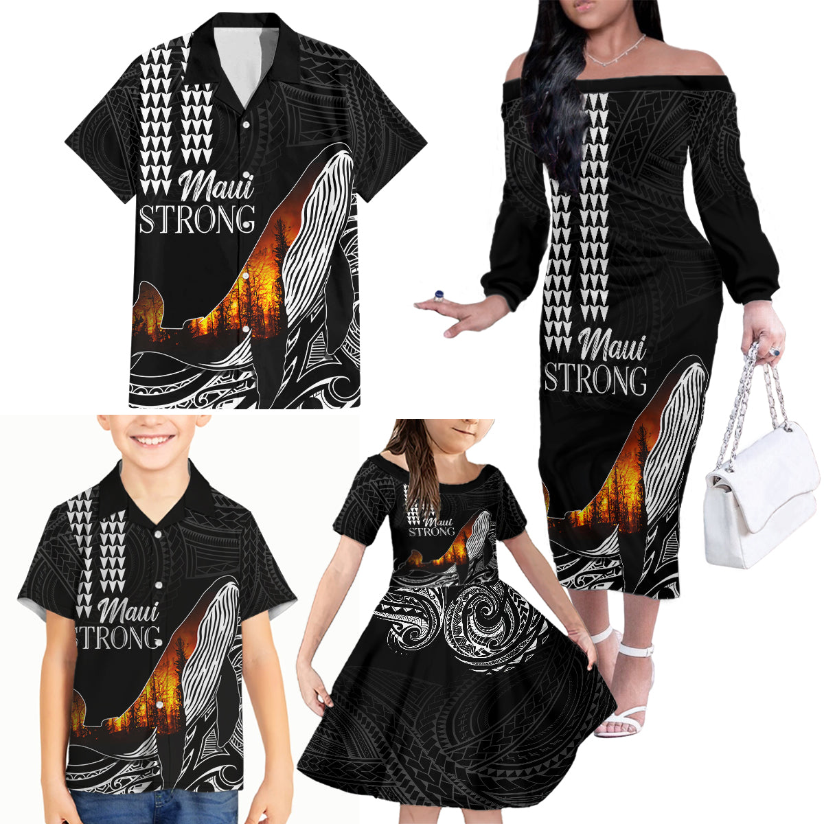 Hawaii Humpback Whale Family Matching Off Shoulder Long Sleeve Dress and Hawaiian Shirt Be Strong - Pray For Maui LT7 - Polynesian Pride