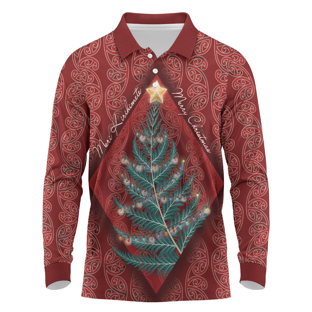 Aotearoa Maori Mangopare Meri Kirihimete Long Sleeve Polo Shirt Christmas Fern LT7 Red - Polynesian Pride