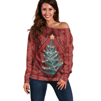 Aotearoa Maori Mangopare Meri Kirihimete Off Shoulder Sweater Christmas Fern LT7 Women Red - Polynesian Pride
