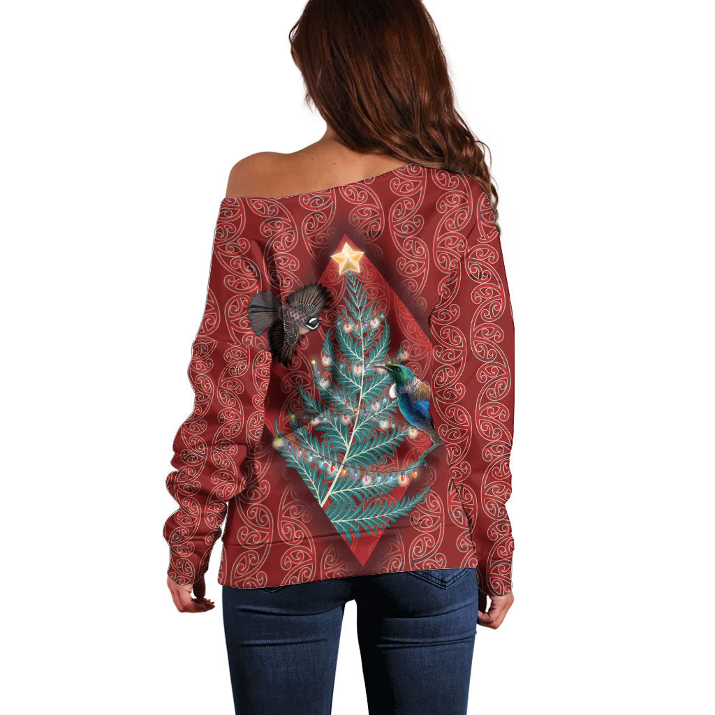 Aotearoa Maori Mangopare Meri Kirihimete Off Shoulder Sweater Christmas Fern LT7 - Polynesian Pride