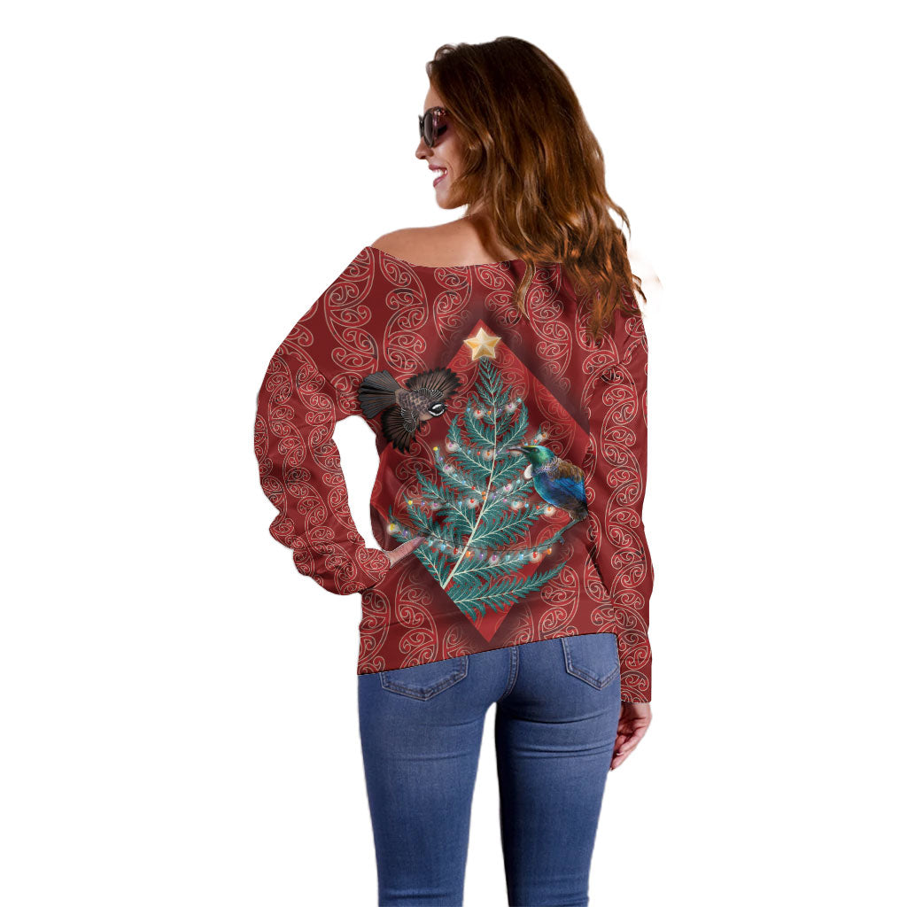 Aotearoa Maori Mangopare Meri Kirihimete Off Shoulder Sweater Christmas Fern LT7 - Polynesian Pride