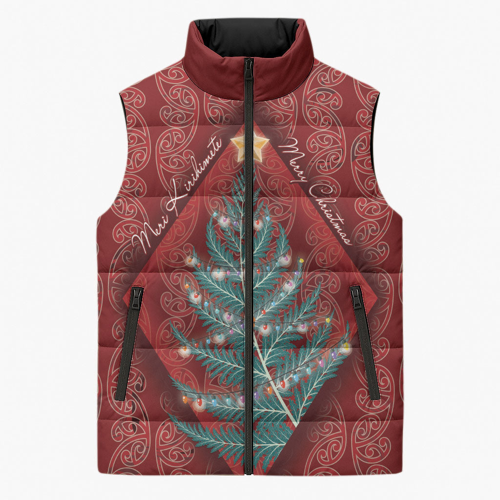 Aotearoa Maori Mangopare Meri Kirihimete Sleeveless Puffer Jacket Christmas Fern LT7 Unisex Red - Polynesian Pride