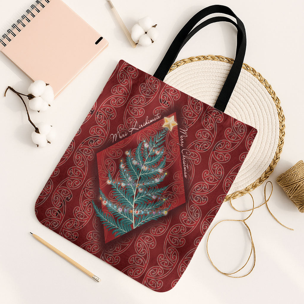 Aotearoa Maori Mangopare Meri Kirihimete Tote Bag Christmas Fern LT7 Black Strap One Size Red - Polynesian Pride