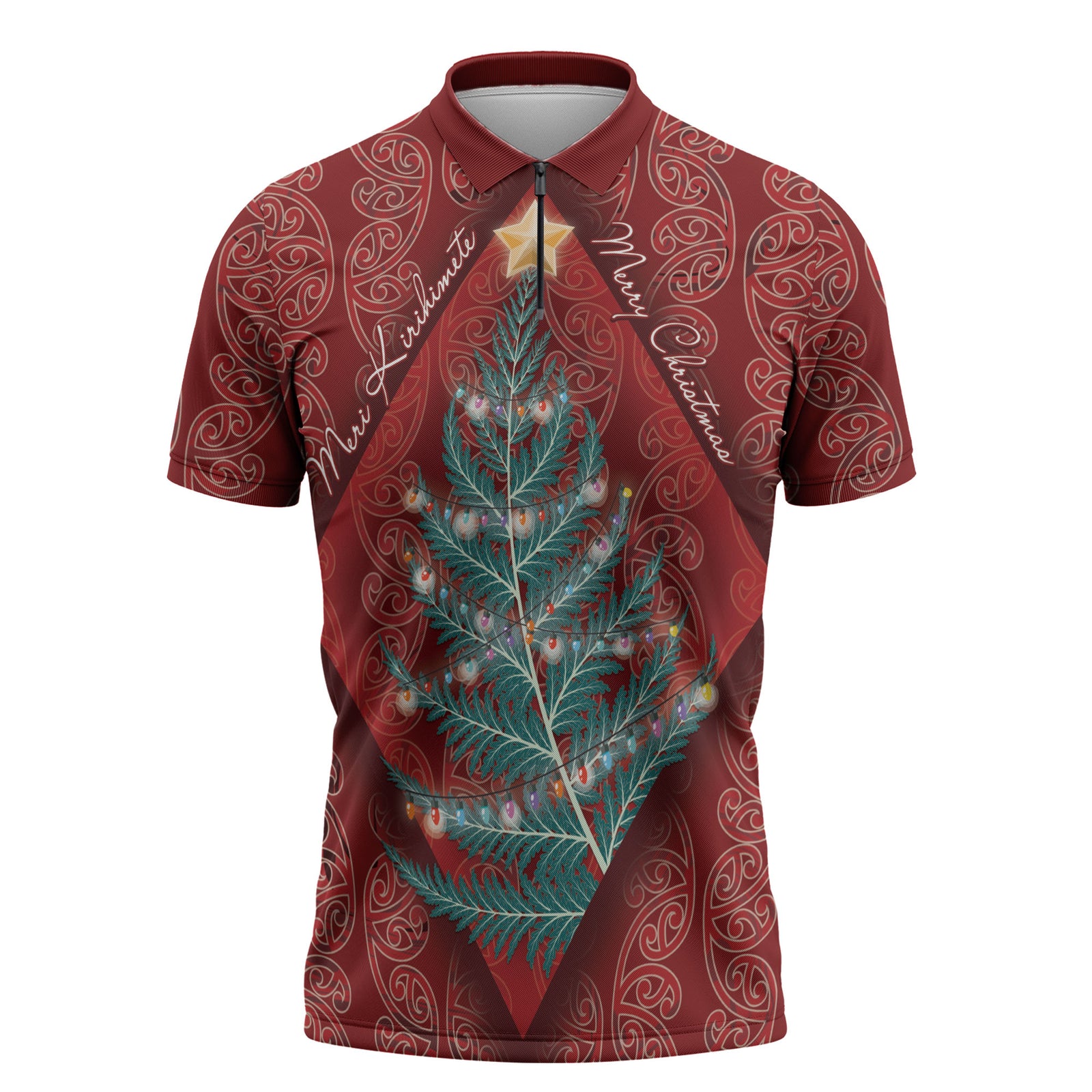 Aotearoa Maori Mangopare Meri Kirihimete Zipper Polo Shirt Christmas Fern LT7 Red - Polynesian Pride