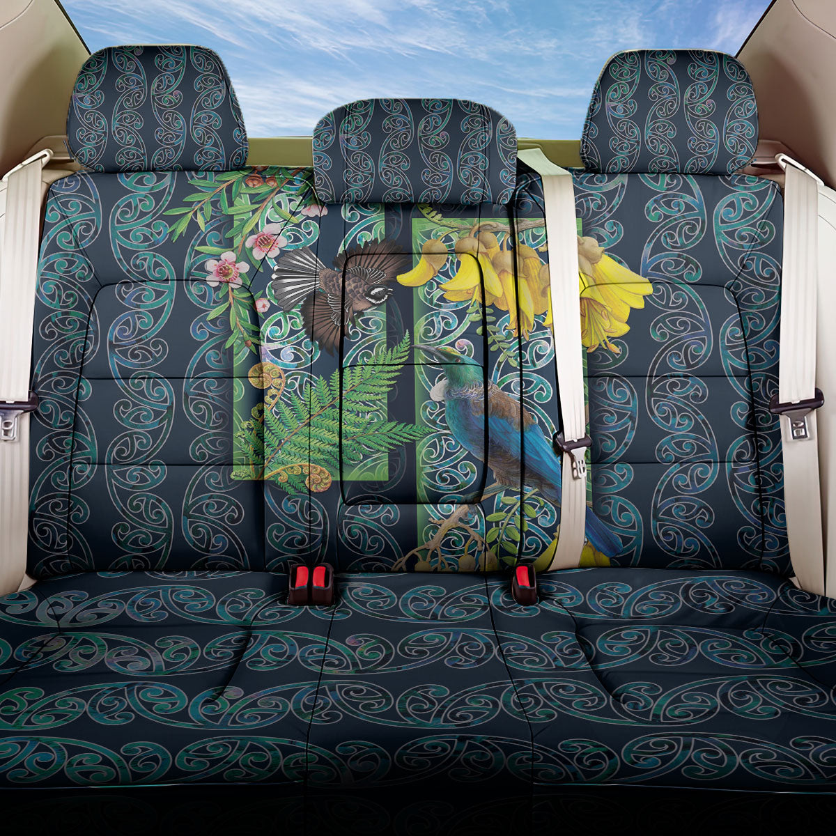 Aotearoa Maori Mangopare Christmas Back Car Seat Cover Pikawakawa and Tui LT7 One Size Dark Blue - Polynesian Pride
