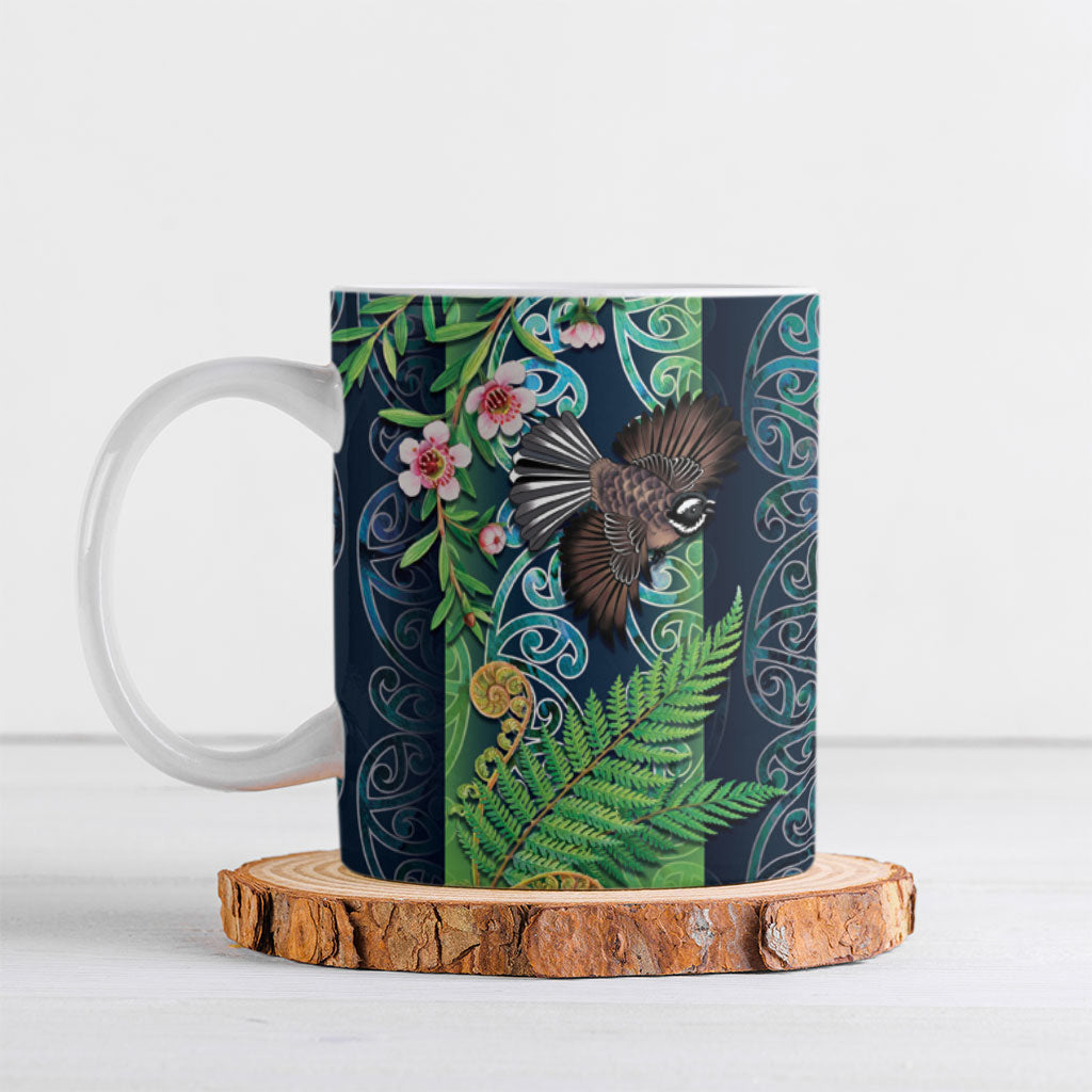 Aotearoa Maori Mangopare Christmas Ceramic Mug Pikawakawa and Tui LT7 Dark Blue - Polynesian Pride