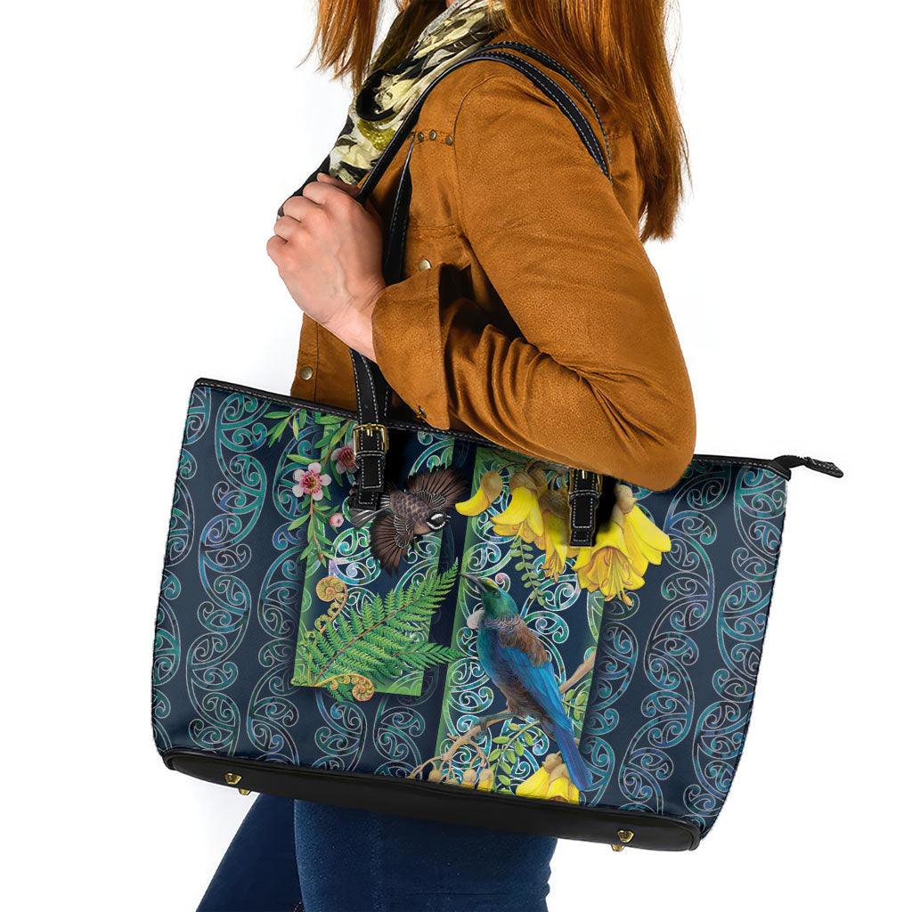 Aotearoa Maori Mangopare Christmas Leather Tote Bag Pikawakawa and Tui LT7 Dark Blue - Polynesian Pride