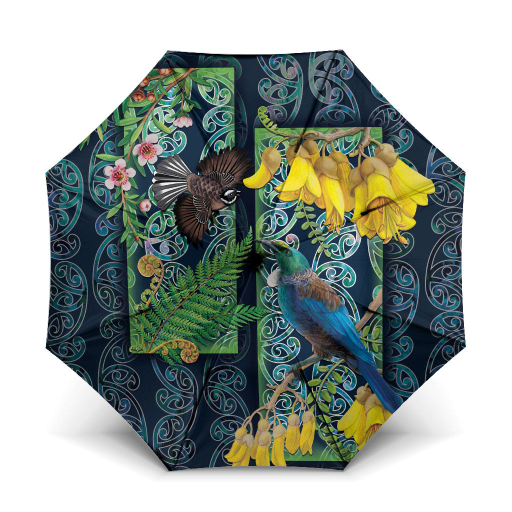 Aotearoa Maori Mangopare Christmas Umbrella Pikawakawa and Tui LT7 One Size Folded 11.42 inch Opened Diameter 37.4 inch Dark Blue - Polynesian Pride