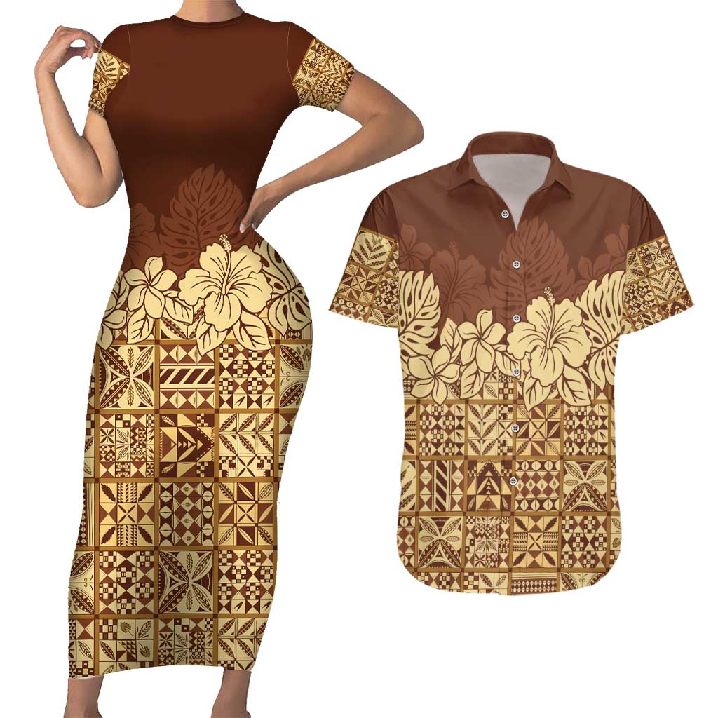 Niue Hiapo Motif Couples Matching Short Sleeve Bodycon Dress and Hawaiian Shirt Tapa Classic