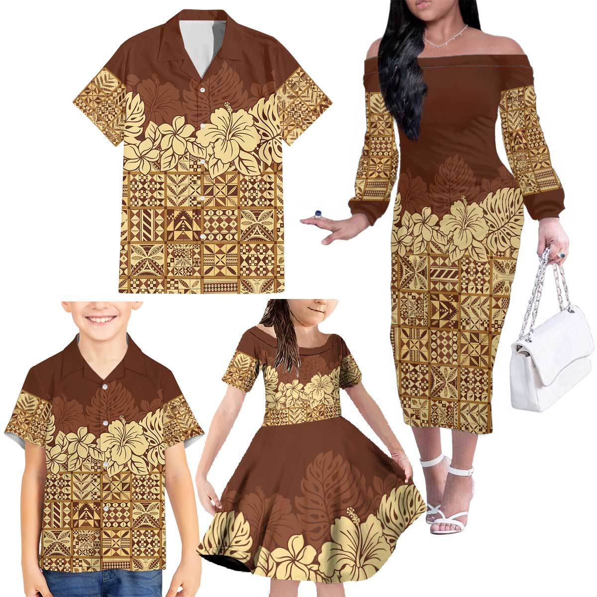 Niue Hiapo Motif Family Matching Off The Shoulder Long Sleeve Dress and Hawaiian Shirt Tapa Classic