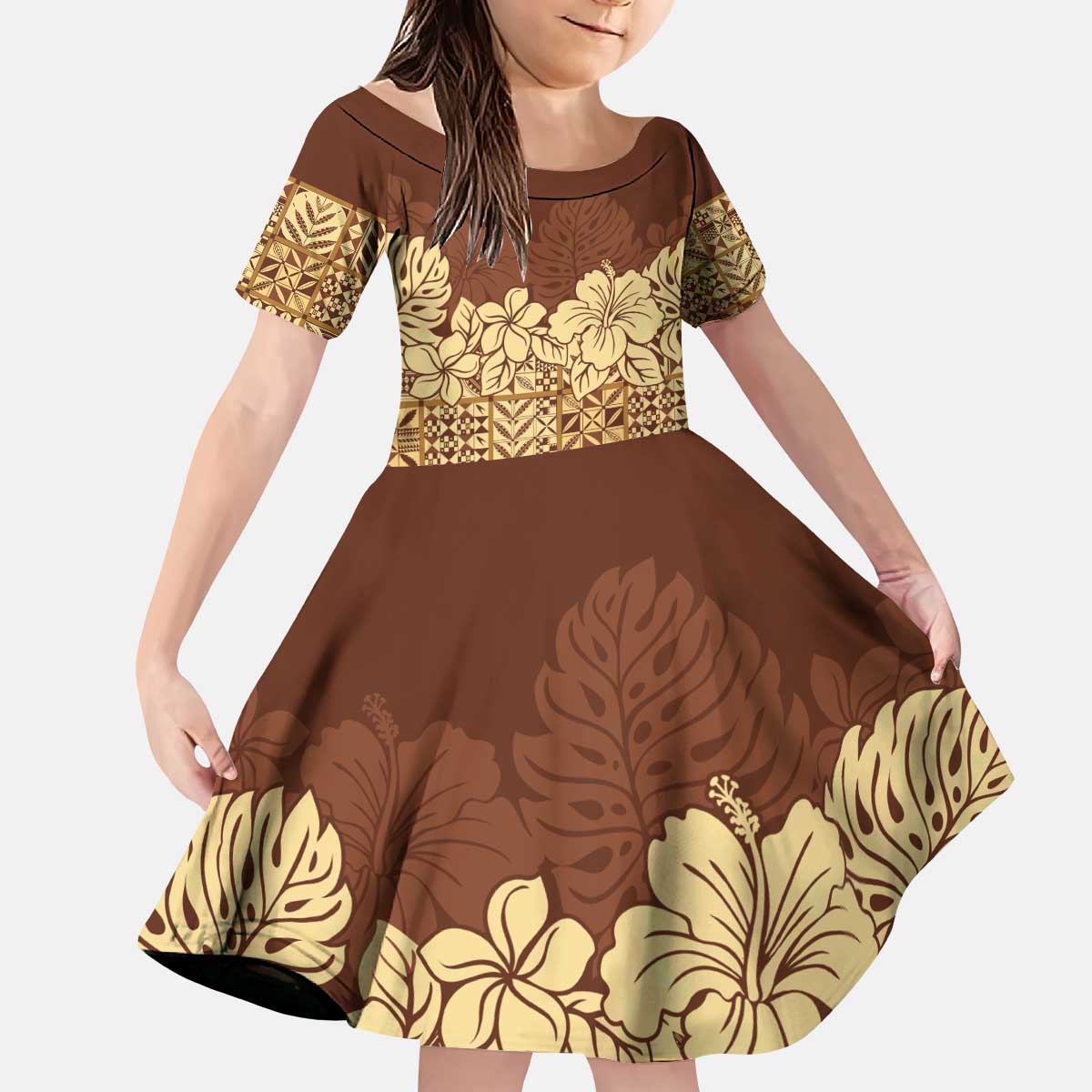 Niue Hiapo Motif Kid Short Sleeve Dress Tapa Classic LT7 KID Beige - Polynesian Pride