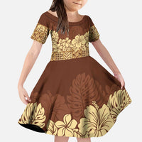Niue Hiapo Motif Kid Short Sleeve Dress Tapa Classic LT7 KID Beige - Polynesian Pride