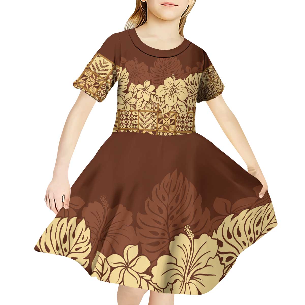 Niue Hiapo Motif Kid Short Sleeve Dress Tapa Classic LT7 - Polynesian Pride