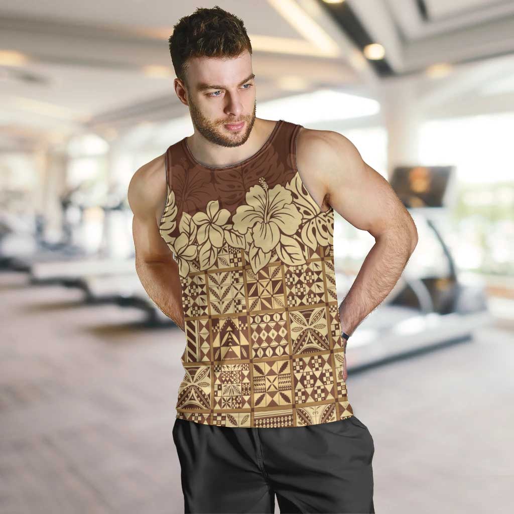 Niue Hiapo Motif Men Tank Top Tapa Classic LT7 Beige - Polynesian Pride