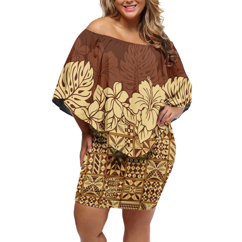 Niue Hiapo Motif Off Shoulder Short Dress Tapa Classic LT7 Women Beige - Polynesian Pride