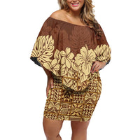 Niue Hiapo Motif Off Shoulder Short Dress Tapa Classic LT7 Women Beige - Polynesian Pride