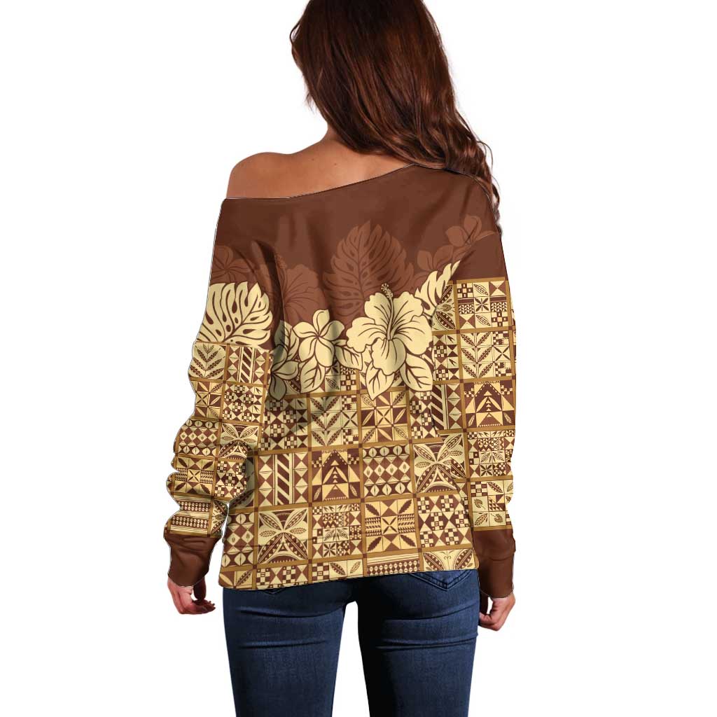 Niue Hiapo Motif Off Shoulder Sweater Tapa Classic LT7 - Polynesian Pride