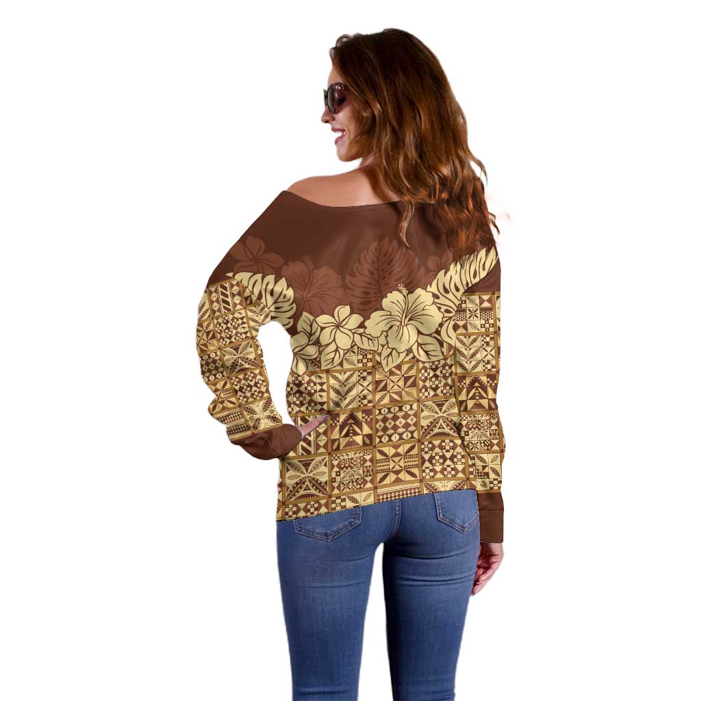 Niue Hiapo Motif Off Shoulder Sweater Tapa Classic LT7 - Polynesian Pride
