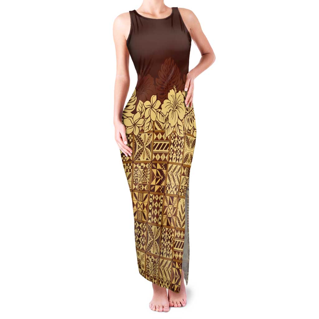 Niue Hiapo Motif Tank Maxi Dress Tapa Classic LT7 Women Beige - Polynesian Pride