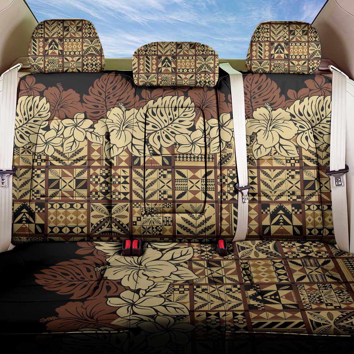 Niue Hiapo Motif Back Car Seat Cover Tapa Classic - Black Ver LT7 One Size Black - Polynesian Pride