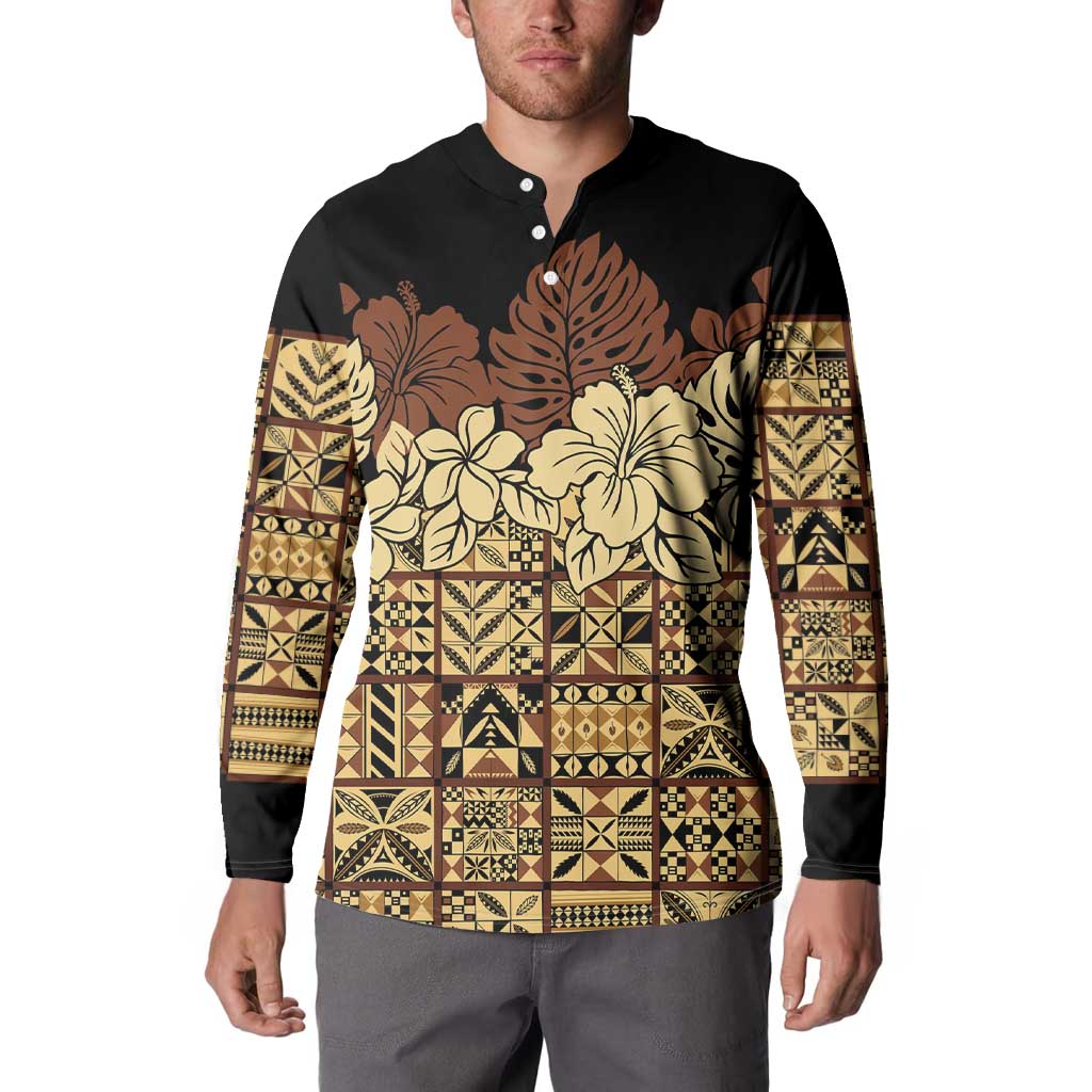 Niue Hiapo Motif Button Sweatshirt Tapa Classic - Black Ver LT7 - Polynesian Pride
